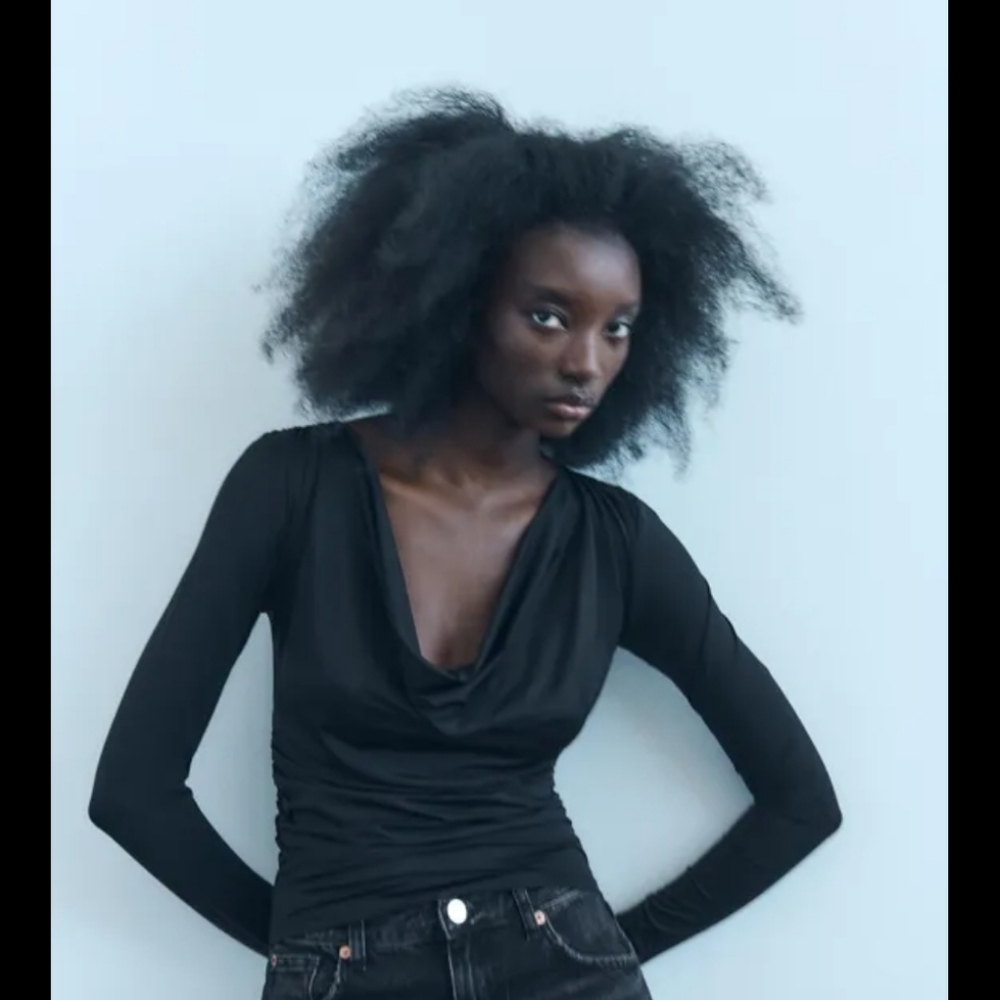 Zara Elegant Black Drape Neck Top
